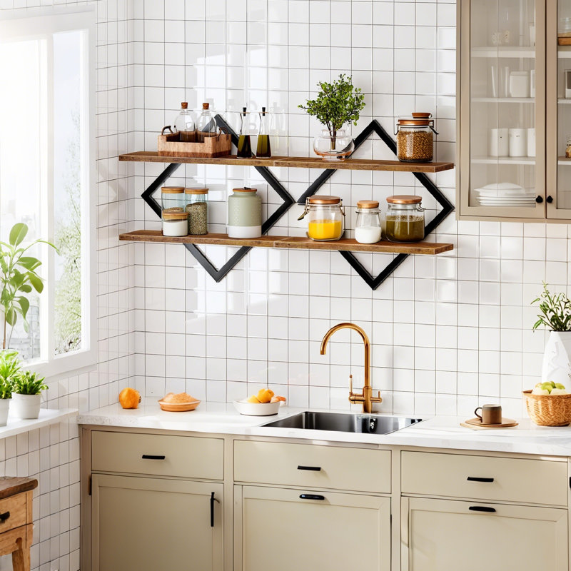 Diamond Frame 2-Tier Floating Shelves Set - Double Layer Hanging Storage For Industrial Chic Spaces, Brown Wood;Black
