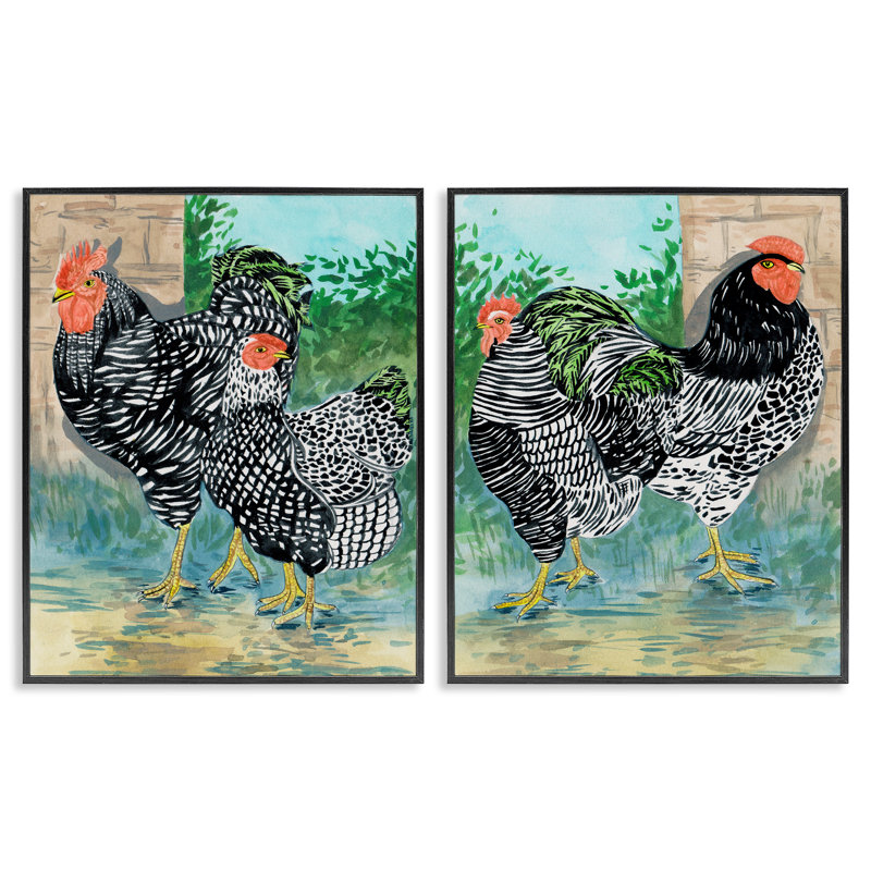 Coq et poule en quête de nourriture, ensemble de 2 giclées par Melissa Wang, Giclée encadrée noir minuit, H 30 po x l 24 po