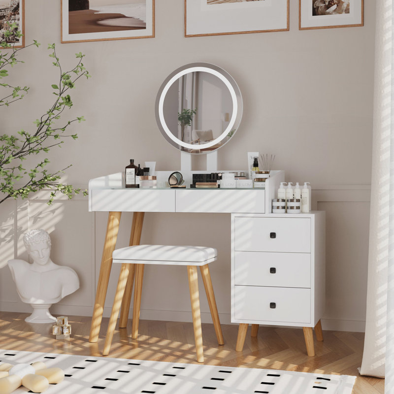 Dressing Table with LED Glass Top and Extendable Side Table