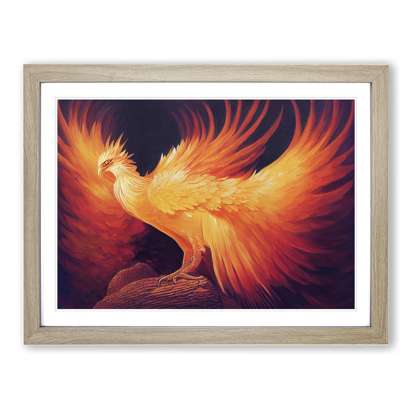 Beguiling Phoenix Bird - Single Picture Frame Print, 34cm H x 46cm W x 2cm D, Oak Framed