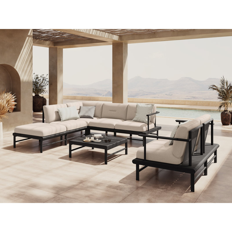 230cm Wide Ash Patio Sectional with Cushions, Light Beige, Right Hand Facing