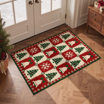 Tapis de salon moderne à carreaux rouges et ivoire, motif sapin de Noël et bonnet de père Noël, lavable et à poils courts