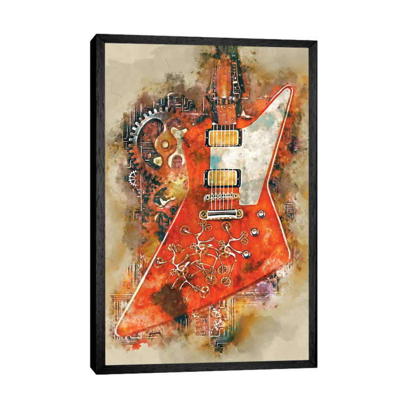 The Edge's Steampunk Guitar - Painting on Canvas, Black Floater Framed, 66.04cm H x 45.72cm W x 3.81cm D