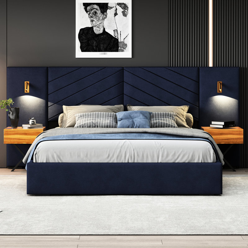 King Size Velvet Bed Frame Channel Tufted Wingback Headboard Platform Bed/Strong Wooden Slats