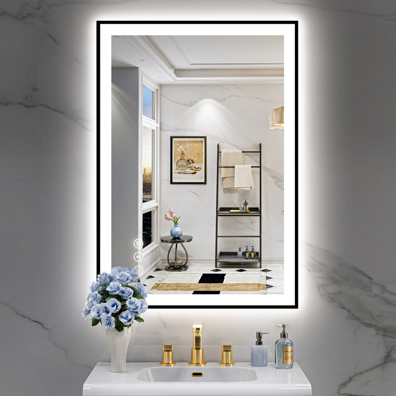 Tyeishia Matte Black Matel Framed LED Bathroom Mirror with Front-lit and Back-lit, Memory Function, 3 Color Temperatures & Dimmable Light, Anti-fog Tempered Glass