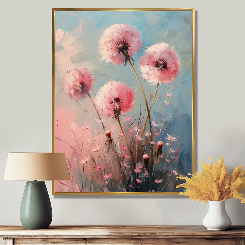 Été rose bleu pissenlit Rêve II - Pissenlit, art mural, Cadre flottant doré, H 32 po x l 24 po x P 1 po