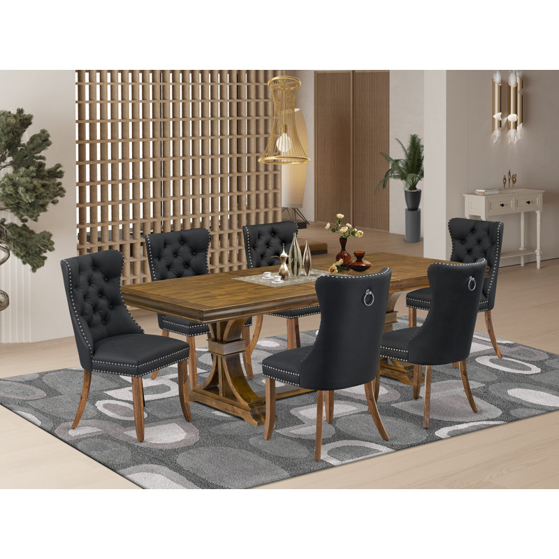 7-piece Modern Dining Table Set includes a Kitchen Table and 6 Polyester Dining Chairs with Button tufted Back - (Finish Option).