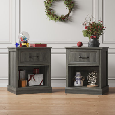 Farmhouse 23.6" 2-Piece Nightstand Set With Open Shelf & Ball Bearing Drawer