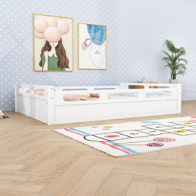 Lit plateforme surbaissé avec garde-corps, Lit double, White