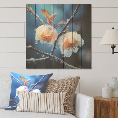Pink Frost Kissed Winter Blueberry Elegance - Winter Landscape On Wood Print