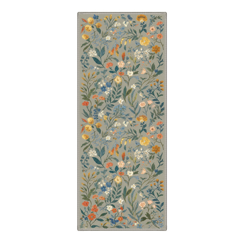 Eden Floral Machine Washable Floral / Blush Pink Indoor Runner Rug With Non-Slip Backing, Gray/Blue, Runner 2'4" x 6'