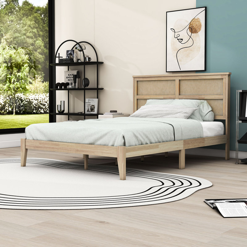 Lit plateforme en bois avec tête de lit en rotin, Double