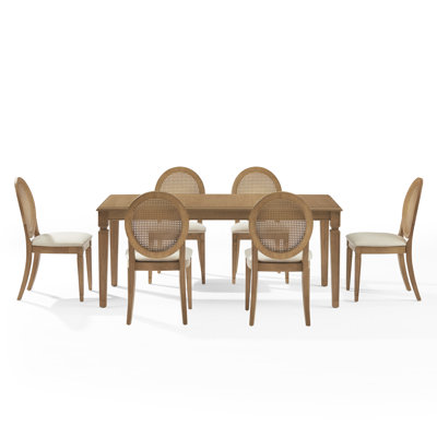Jacolyn 7pc Dining Table Set For 6 Cane-back Upholstered Chairs