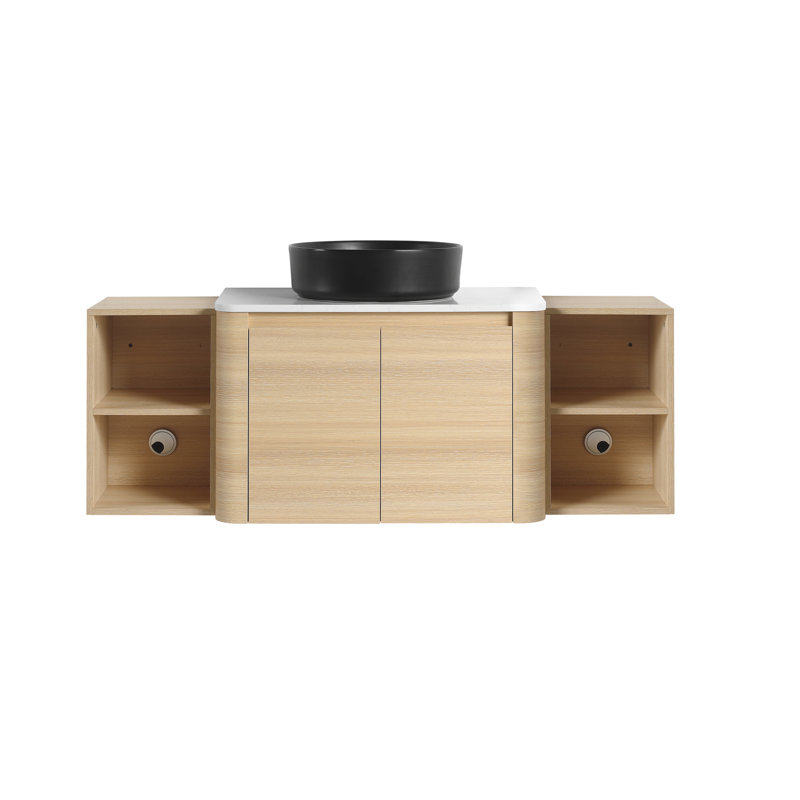 Meuble-lavabo mural de 54 po avec lavabo d'art en céramique, 2 tablettes de rangement et portes à fermeture en douceur, peu encombrant et élégant