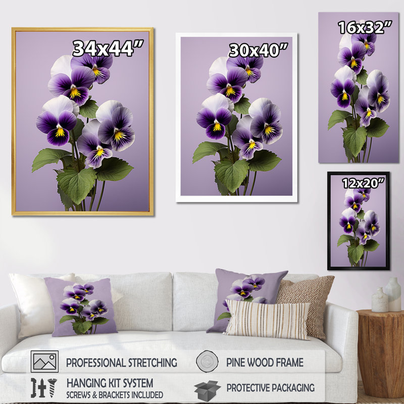 Mauve Pansies Poise - impressions sur toile Pansies, Cadre simple argenté, H 32 po x l 24 po x P 1 po
