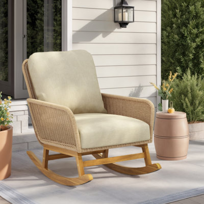 Outdoor Rattan Rocking Chair, Upholstered Leisure Accent Armchair, Durable Wood Frame, Patio Relax Rocker Lounge Chair by Bay Isle Home