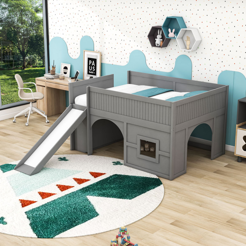 Lit mezzanine double en bois avec tablettes, glissade et lattes, gris