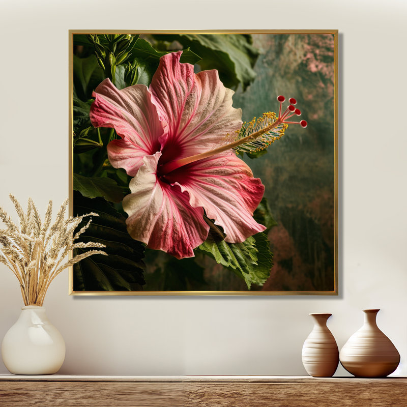 Hibiscus fleur tropicale en gros plan dans la nature - Hibiscus Wall Art Decor, Cadre flottant doré, bois massif