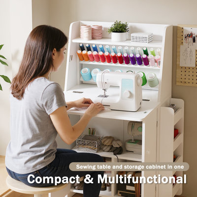 Foldable Sewing Table with Sewing Machine Platform and Storage, Space-Saving Craft Station with Built-in Thread Organizer