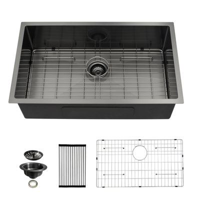 Évier de cuisine encastré à simple cuve en acier inoxydable noir 28 po x l 18 po avec accessoires