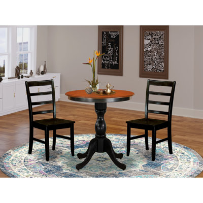 3 Piece Dining Set Contains a Round Dining Room Table with Pedestal and 2 Kitchen Chairs, 30x30 Inch, Black & Cherry