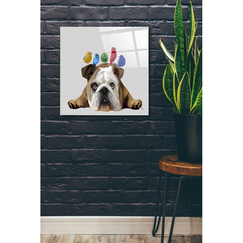 «English Bulldog and Birds» par Fab Funky, art mural en verre acrylique, H 24 po x l 24 po x P 0,2 po