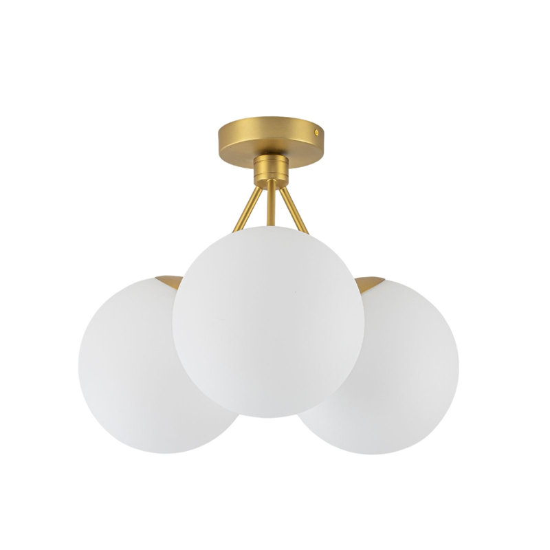 Plafonnier semi-encastré 3 lumières or brossé avec globes en verre laiteux