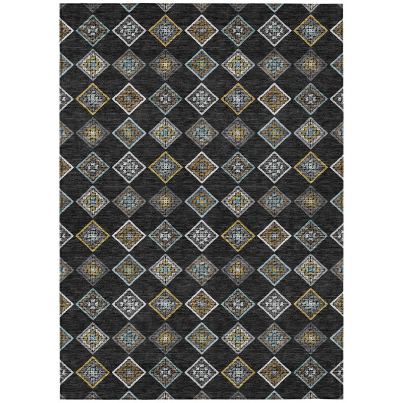 Machine Washable Indoor/Outdoor Chantille ACN2624 Diamond Rug, 5' x 7'6", Black