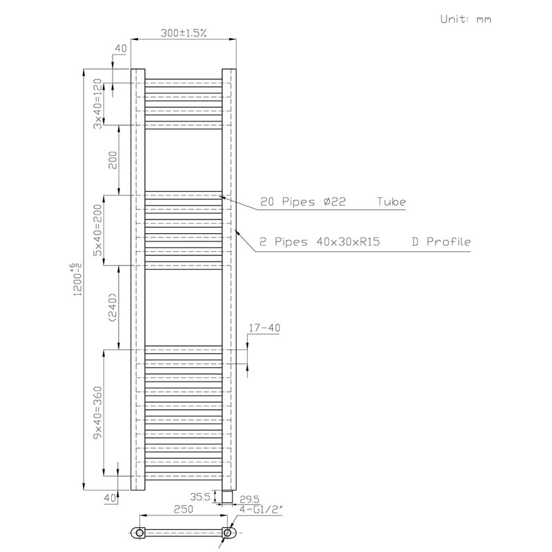 Straight Towel Rail Heated Towel Rails, 120cm H x 30cm W x 3cm D, Chrome