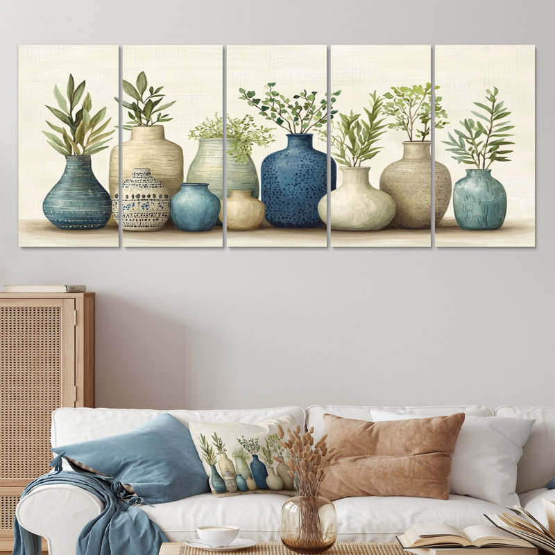Ensemble de salon art mural vert et orange Boho Pottery II - Boho Pottery, H 28 po x l 60 po