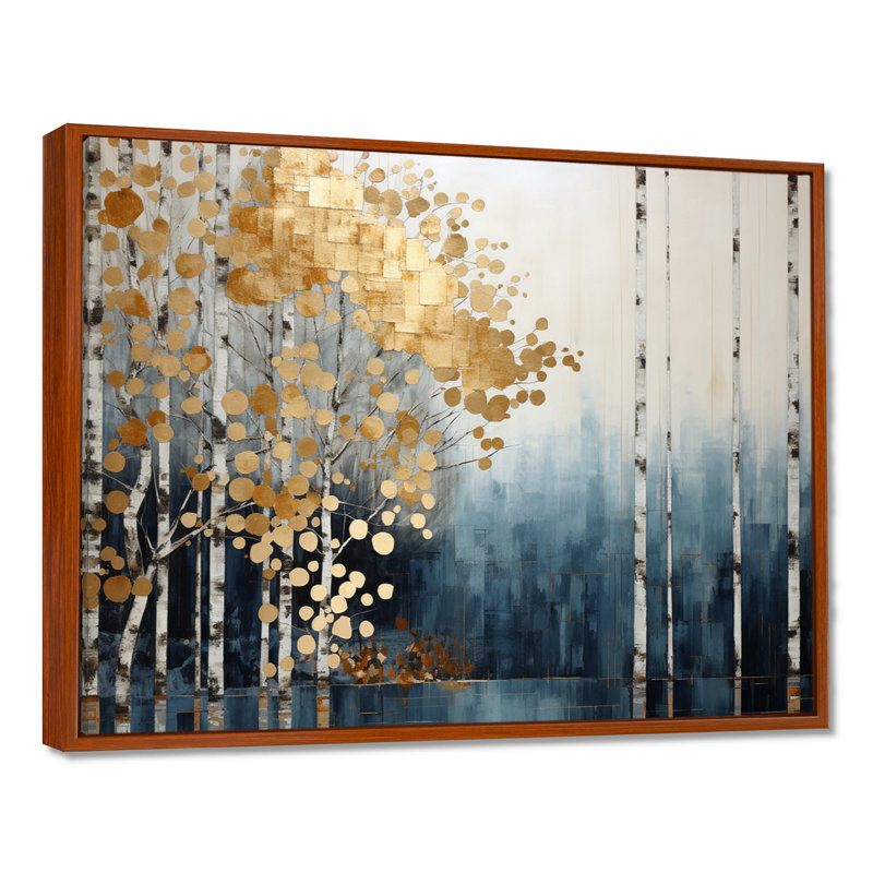 Minimalisme bleu et forêt dorée - art mural forêt, H 24 po x l 32 po x P 1 po, Cadre flottant brun