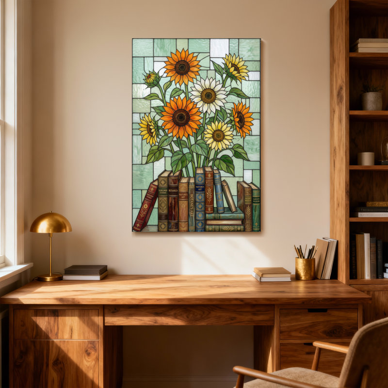 Plantes et fleurs, livres, tournesols, motif d'art en verre coloré, H 18 po x l 12 po