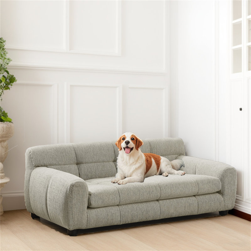 38” Wide Upholstered Dog Sofa Bed with Armrests, Beige, 14.5" H x 38" W x 22" D
