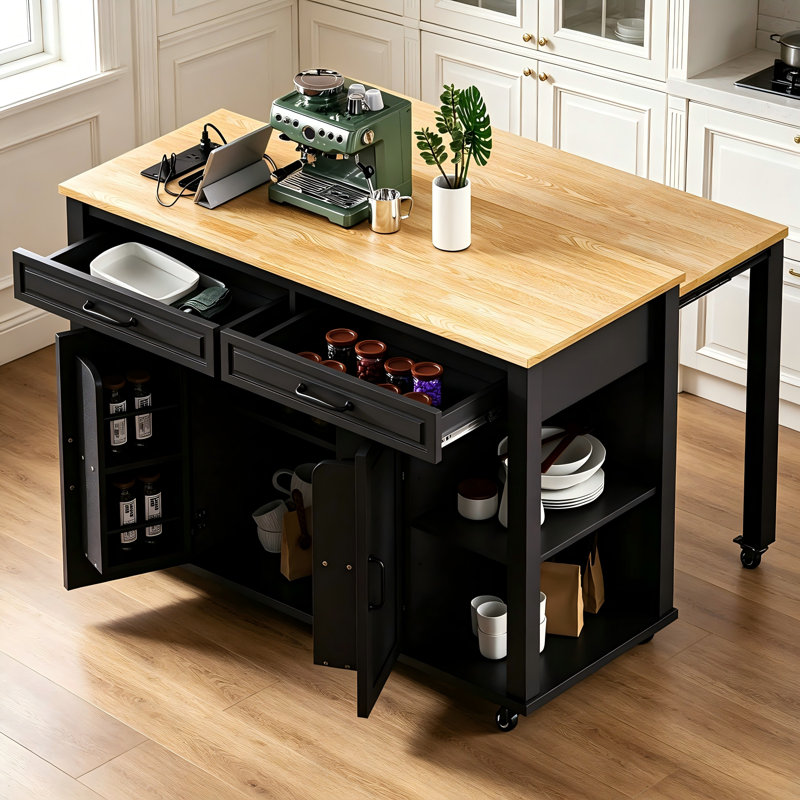 47 Inch Kitchen Island With Extendable Dining Table, Rubber Wood Veneer Top, Rolling Kitchen Cart With Power Outlet, 2 Drawers & Cabinet Storage