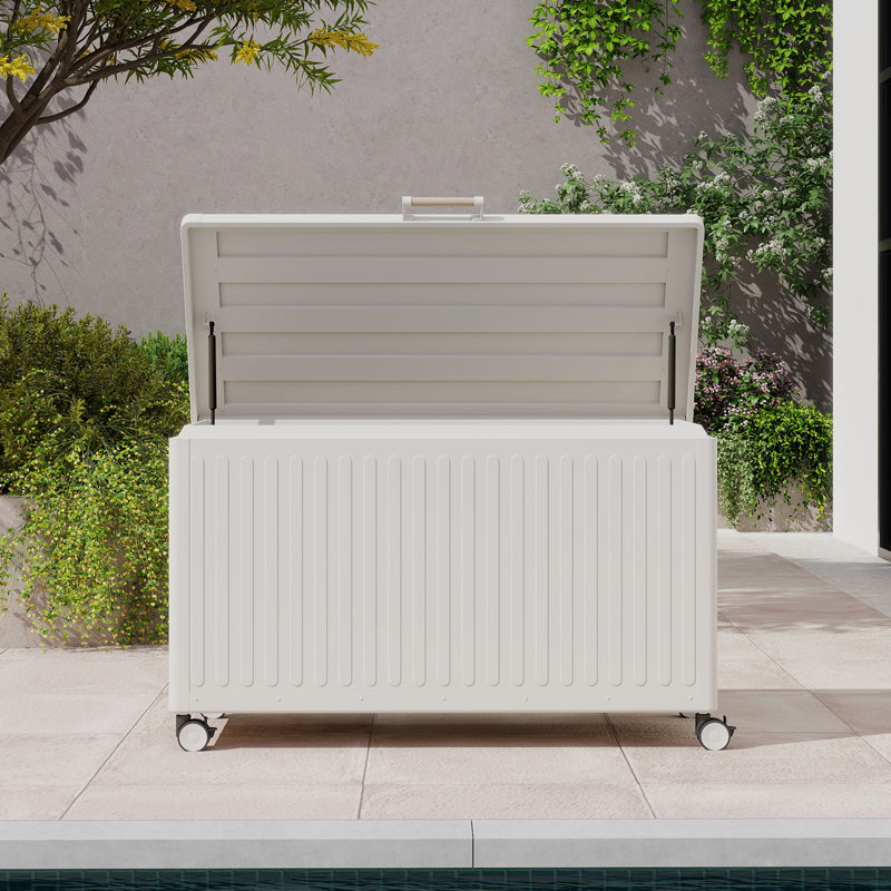 134 Gallon Large Outdoor Deck Box with Wheels, Latte, 31'' H x 51.2'' W x 23.8'' D, 134