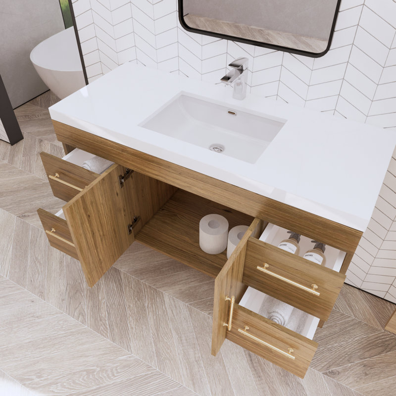 Bastos 47" Wall-Mounted Single Bathroom Vanity Set, Natural Oak