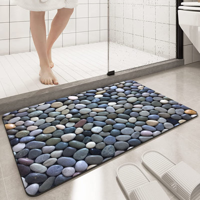 PebbleGuard Non-Slip Washable Bath Mat - 16x24 Inch Stone Print Rug for Bathroom & Doorway