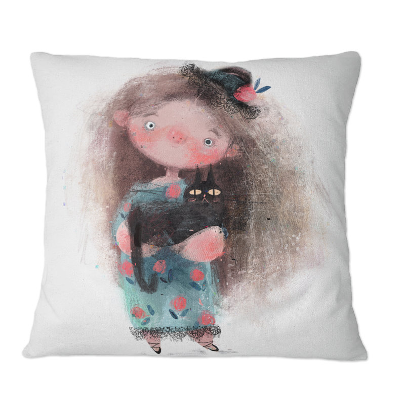 Mignonne petite fille avec un chapeau et un chat noir - Coussin décoratif pour enfants, 18 po x 18 po