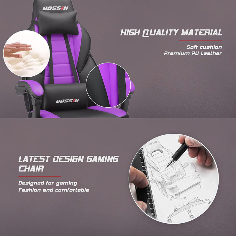 Bossin Purple and Black Faux Leather Gaming Chair with Footrest