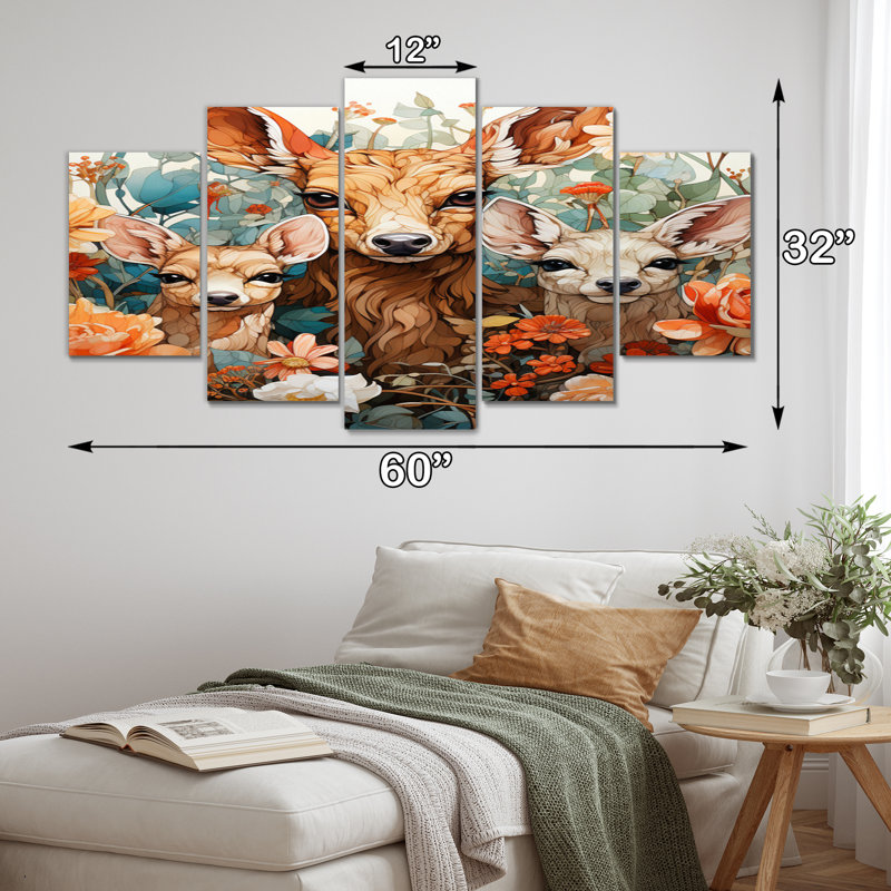 «Coral Brown Line Art Whimsical Animals I», reproduction d'art murale animaux - 5 panneaux
