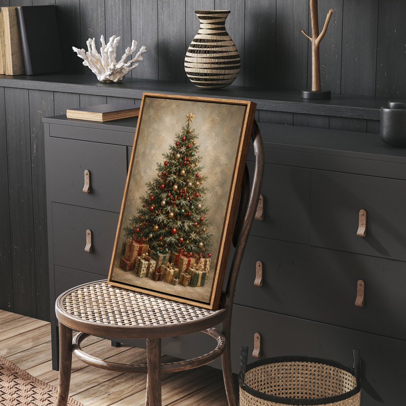 Arbre de Noël décoré avec cadeaux, décoration de salon, impression encadrée, H 36 po x l 24 po, Naturel