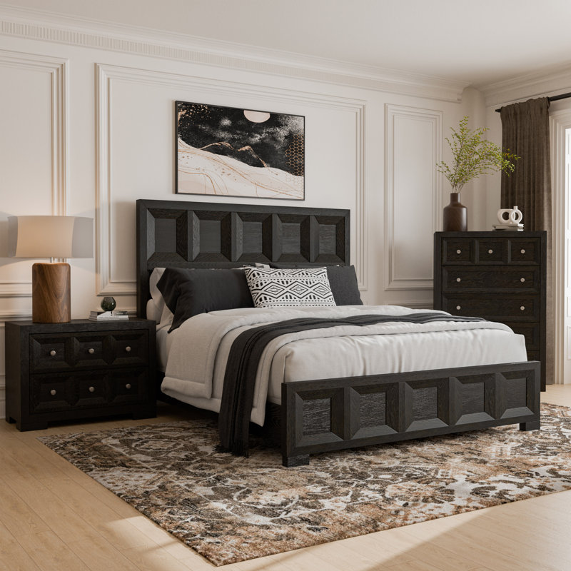 Schell 6-Piece Bedroom Set, Black, King, 6 Pcs: Bed, 2 Nightstands,Dressers,Chest, Mirror
