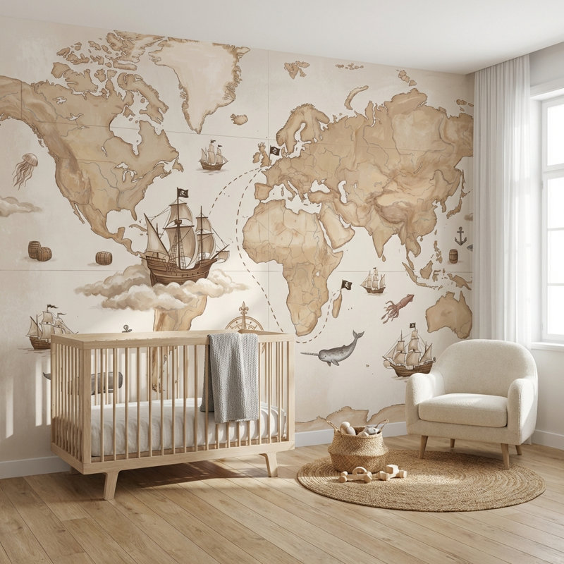 Papier peint carte du monde nautique, 200 po x 120 po, Peler et coller