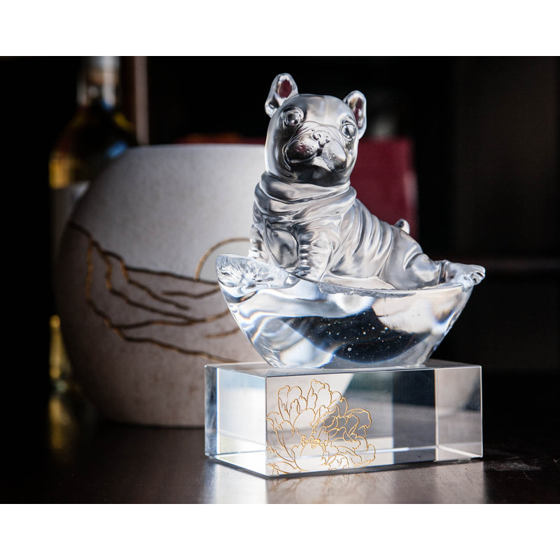 LIULI Crystal Animal, Year of the Dog | Heads Up! (Exclusive U.S. Edition with Gilded Peony Display Base)