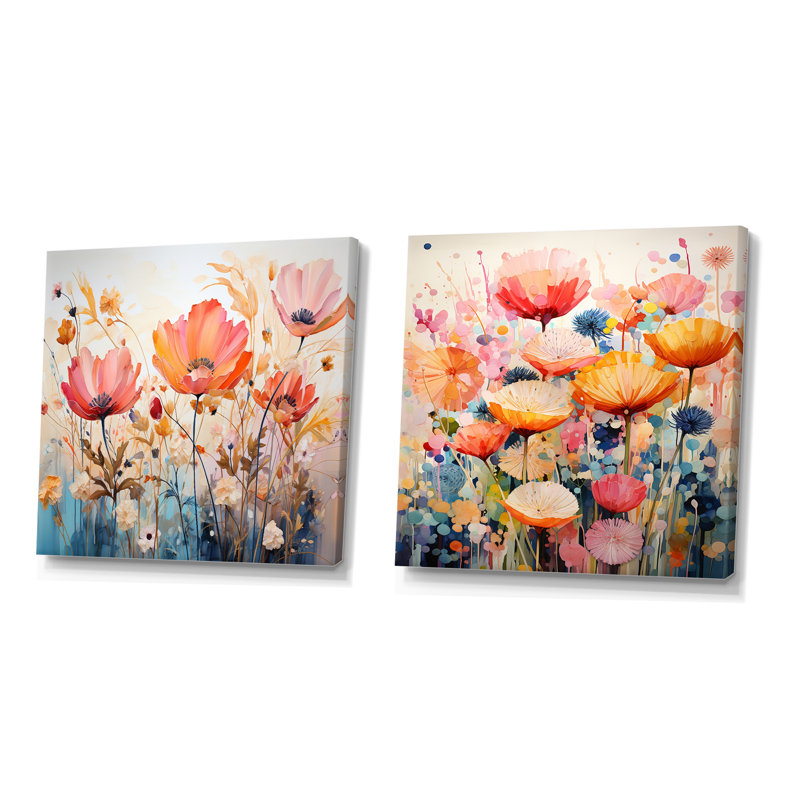 Serenade mauve - ensemble de 2 collages carrés botaniques abstraits, Toile tendue, H 36 po x l 73 po