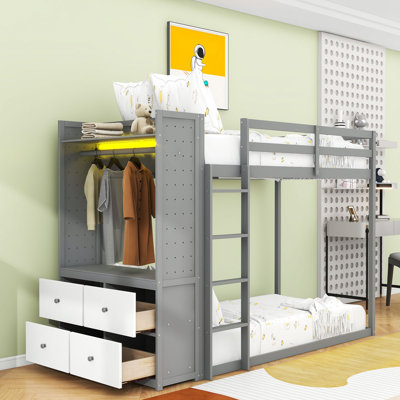Bunk Bed with 4 Storage Drawers, Built-in Shelves and Dual Pegboards