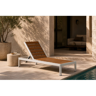 Aynura Outdoor Aluminum Chaise Lounge with Adjustable Recline, Poly Resin Planks, Wheels, White Frame and Teak Polyresin Planks
