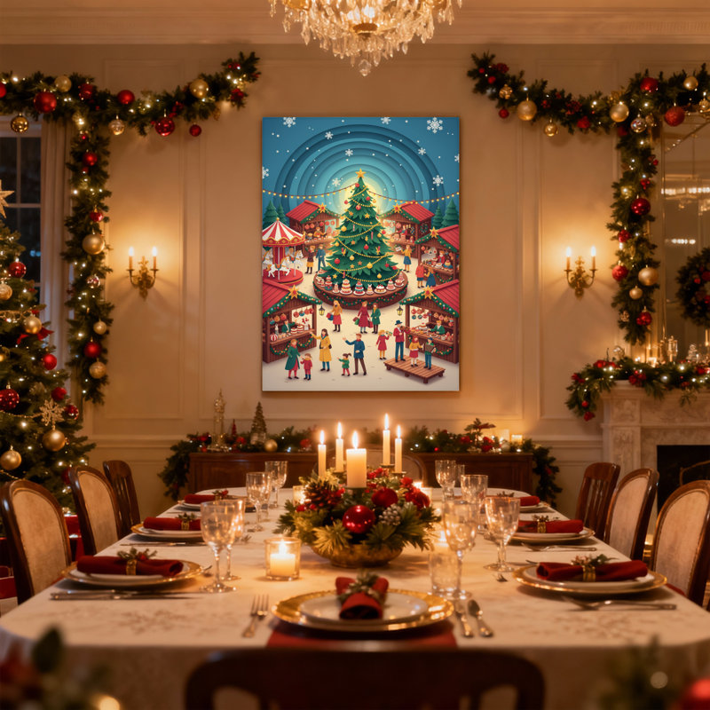 Scène de marché de Noël avec arbre et étals, ensemble de 3 reproductions d'art sur toile, H 30 po x l 20 po