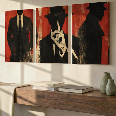 3 Pieces Exculisive Vintage Noir Men Large Wall Art Black and Red Fedora Silhouettes Panoramic, Canvas Decor for Living Room, Bedroom and Office