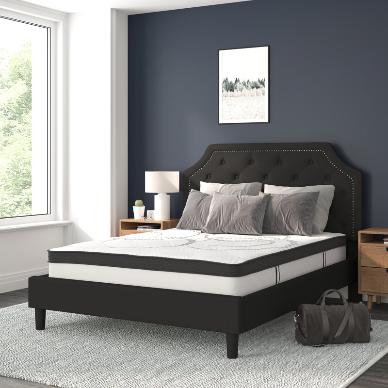 Aluino Tufted Platform Bed with 10 Inch Pocket Spring Mattress, Queen, Black